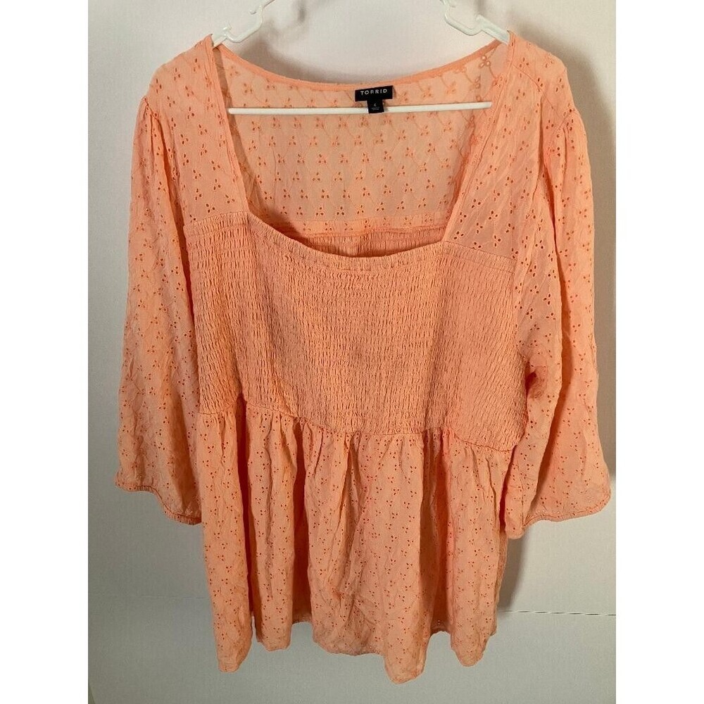Torrid Peasant Blouse Floral Flowy Square Neck Peach Pink Cottagecore‎ Plus 4X